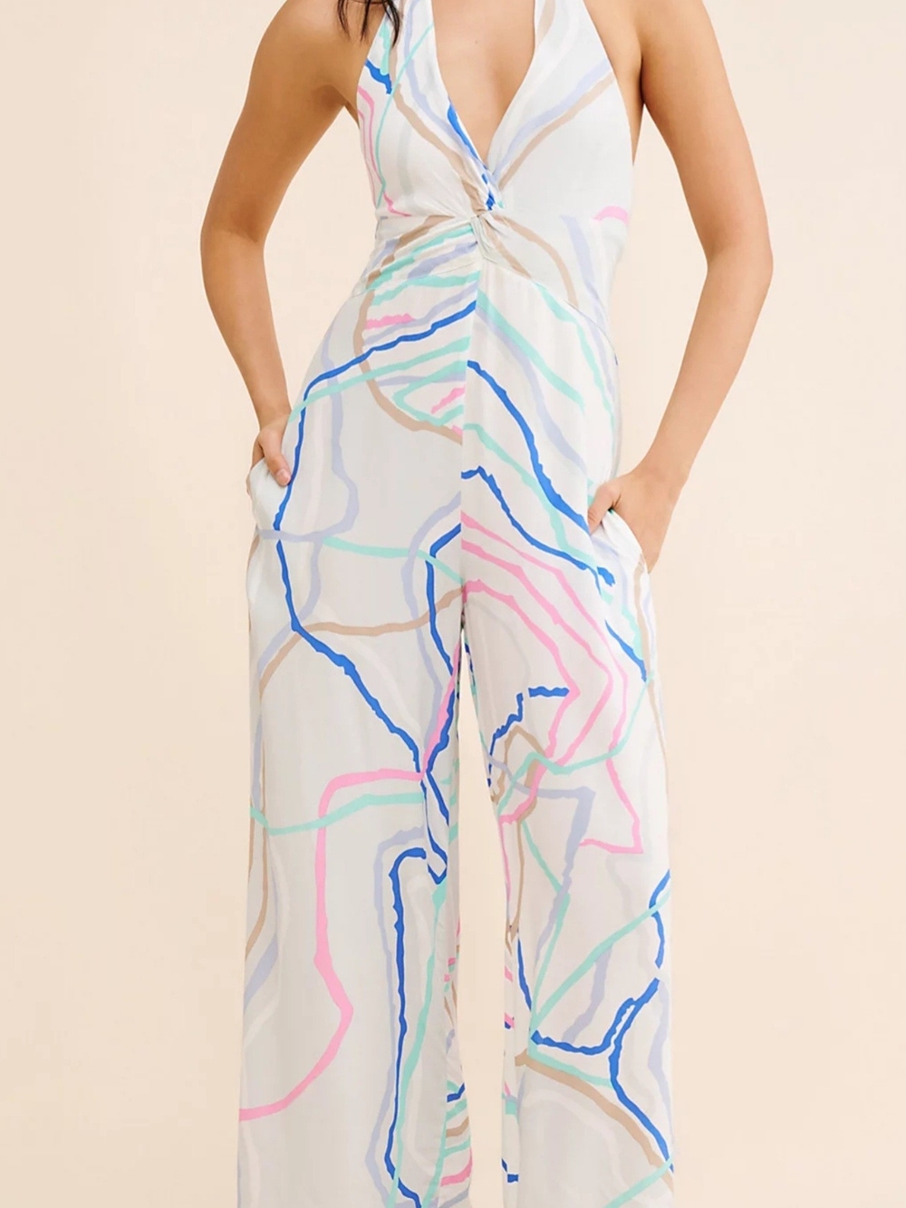 Twist-Front Halter Wide-Leg Jumpsuit - White Multi